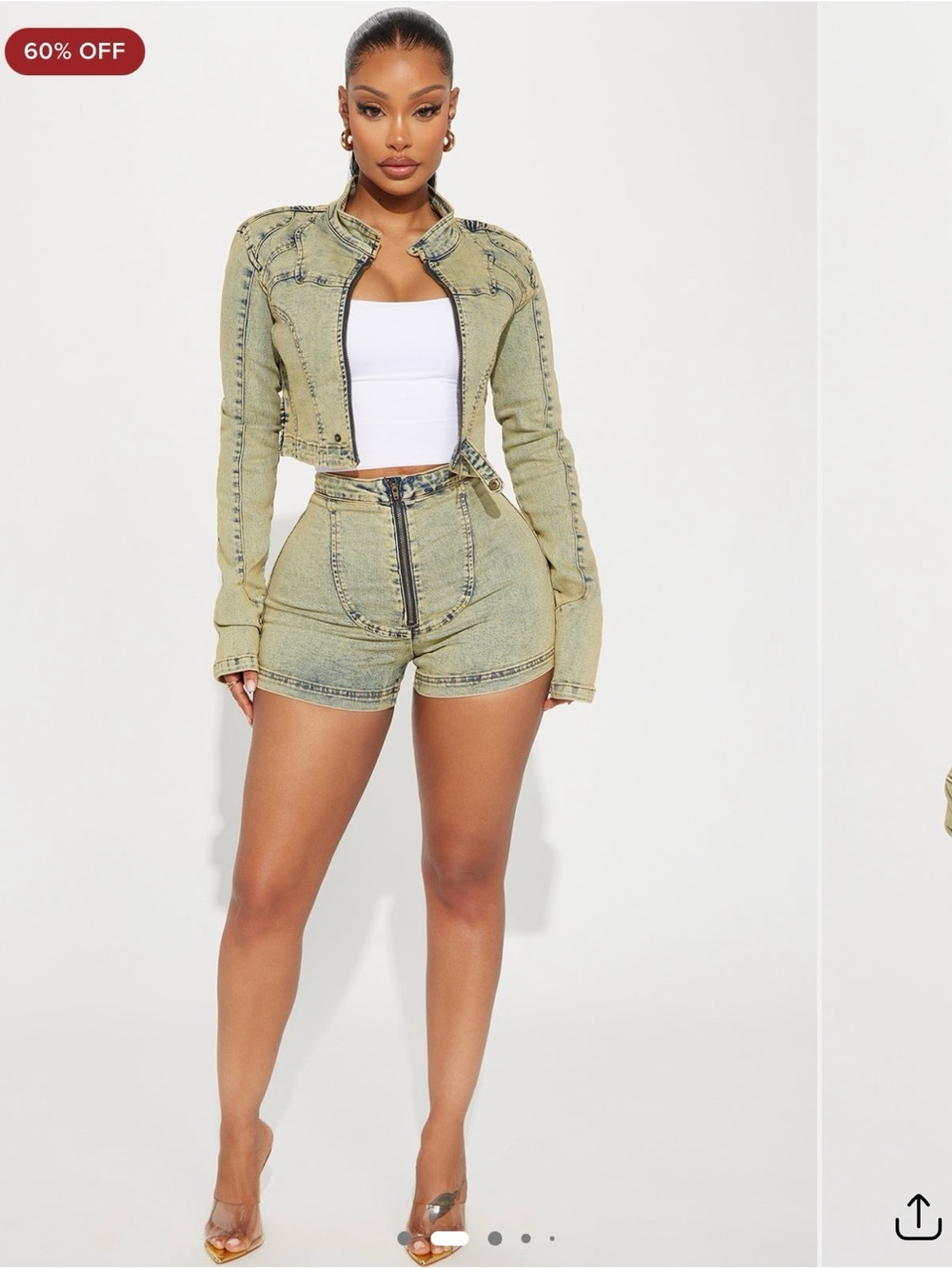 Fashion Nova Olive Vintage Wash Moto Denim Shorts (Jacket Sold Separately)